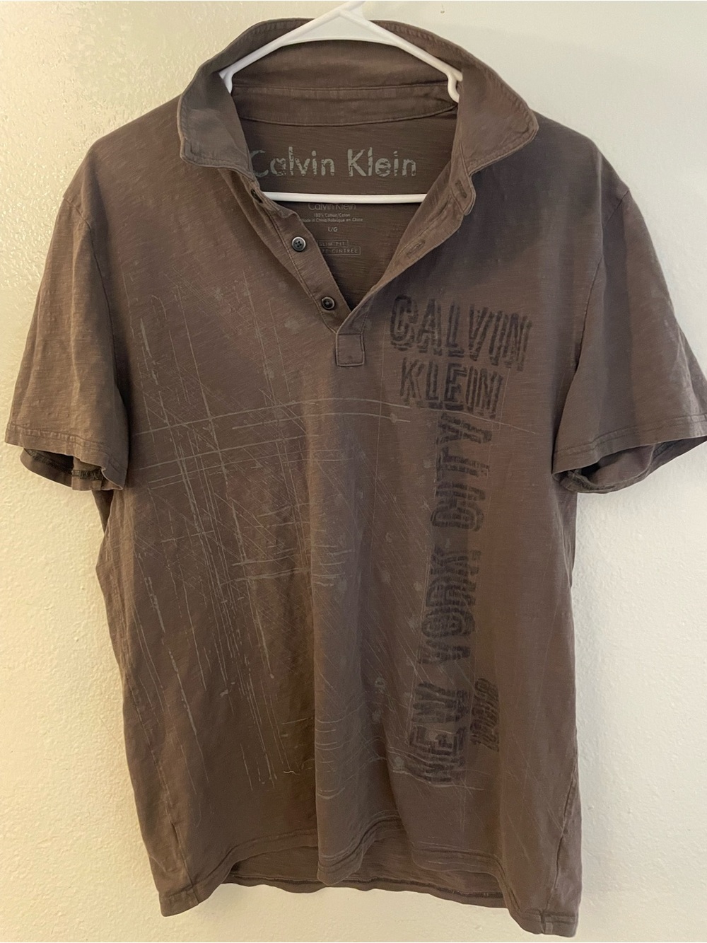 Calvin Klein Polo Shirt Mens Large L Brown Cotton Graphic Short Sleeve Slim Fit